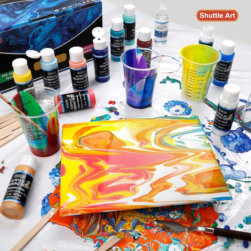 Shuttle Art Acrylic Pouring Paint, Set of 36 Bottles (2 oz/60ml) Pre-Mixed High-Flow Pouring Supplies with Canvas, Silicone Oil, Measuring Cups, Tablecloths, Complete Paint Pouring Kit - Image 2